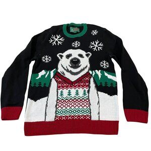 Ugly Christmas Sweater Men's Large Polar Bear Snowflakes Black Red Green